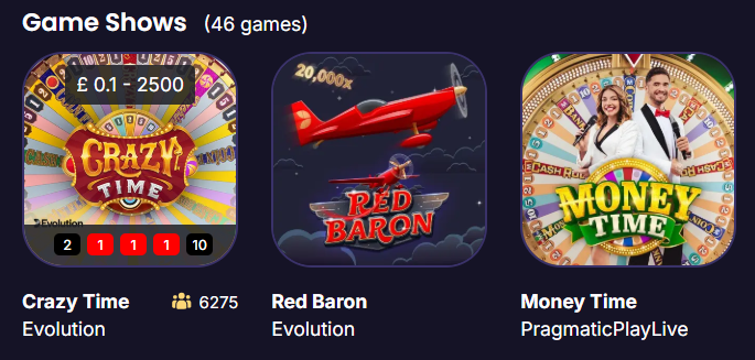 Crown Casino live game shows — Crazy Time, Red Baron, Money Time by Evolution